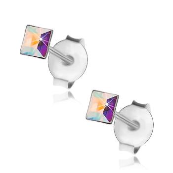 Strieborné 925 náušnice, dúhový Swarovského krištálik - štvorec, 3 mm
