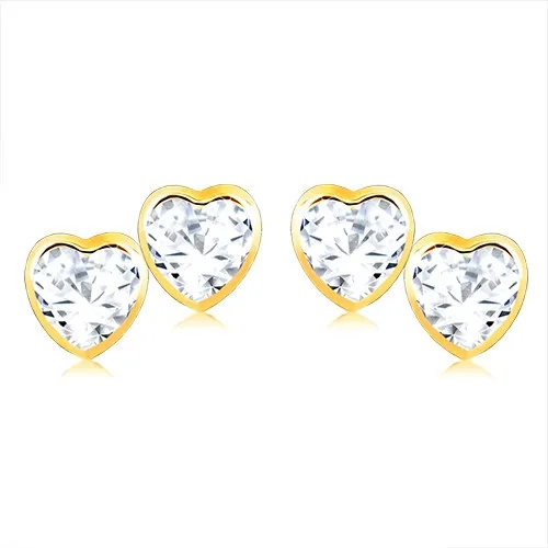 Zlaté náušnice 9K so srdcami z číreho zirkónu v objímkach