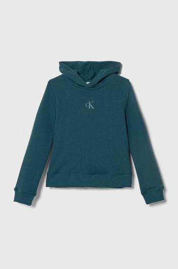 Detská mikina Calvin Klein Jeans tyrkysová farba, s kapucňou, s nášivkou