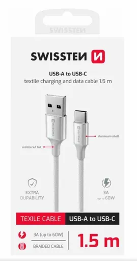 SWISSTEN DÁTOVÝ KÁBEL TEXTILE II USB / USB-C 1,5 M BIELÝ
