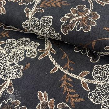 Bavlnená látka JEANS Embroidery leaves black