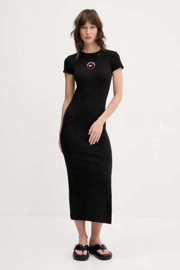 Šaty Tommy Jeans čierna farba, midi, priliehavé, DW0DW20384