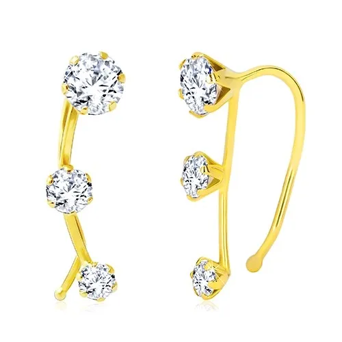 Zlaté náušnice 585, oblúk s tromi čírymi zirkónmi, háčiky