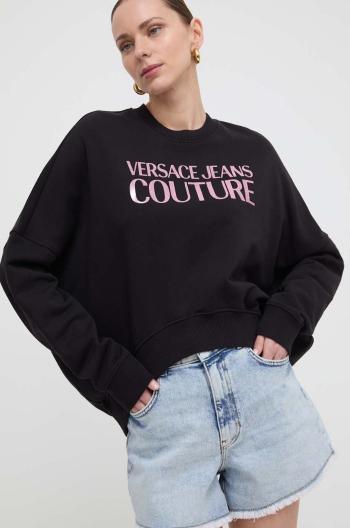 Bavlnená mikina Versace Jeans Couture dámska, čierna farba, s kapucňou, s potlačou, 76HAIG03 CF01G