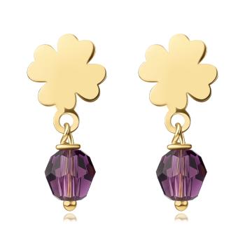Náušnice zo žltého zlata 375 - plochý štvorlístok, fialový krištáľ Swarovski