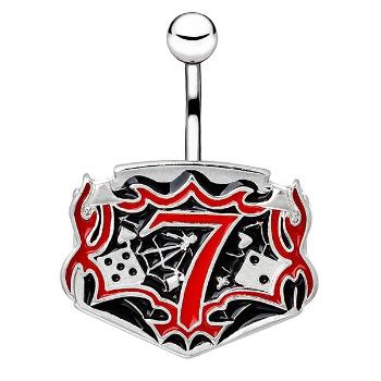 Oceľový piercing do pupku - tabuľka s kockami a číslom sedem