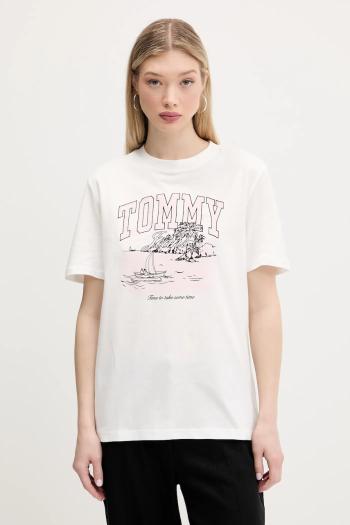 Bavlnené tričko Tommy Jeans dámske, béžová farba, DW0DW21343
