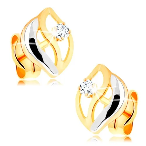 Dvojfarebné náušnice v 14K zlate - tri zvlnené línie, okrúhly žiarivý briliant