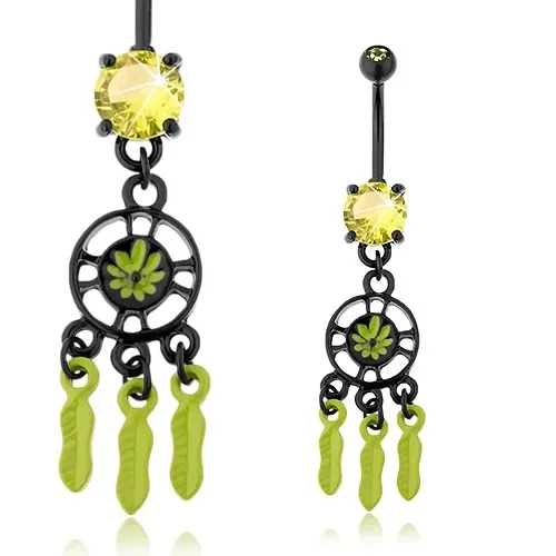 Piercing do bruška, chirurgická oceľ, lapač snov, čierna a zelená farba, zirkóny