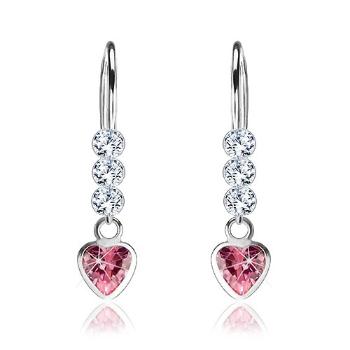 Strieborné náušnice 925, ružové zirkónové srdce, okrúhle číre Swarovski krištále