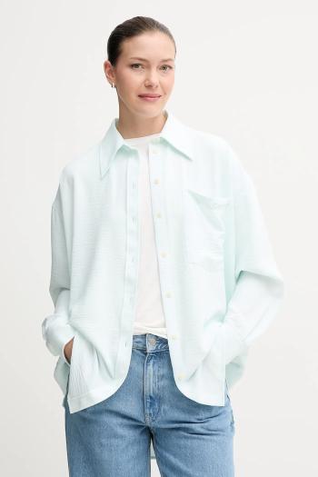 Košeľa Calvin Klein Jeans tyrkysová farba, voľný strih, s klasickým golierom, LV044C148G