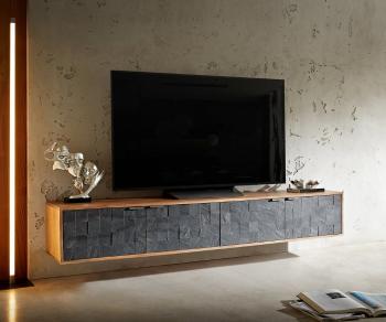 TV stolík Teele 200 cm prírodná akáciová bridlica 4 dvierka na