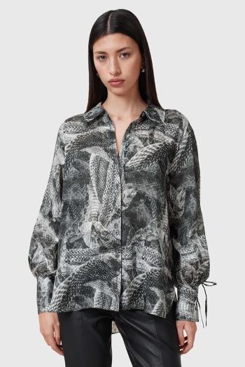 Košeľa s prímesou hodvábu AllSaints LEYLA dámska, šedá farba, voľný strih, s klasickým golierom, W042PC