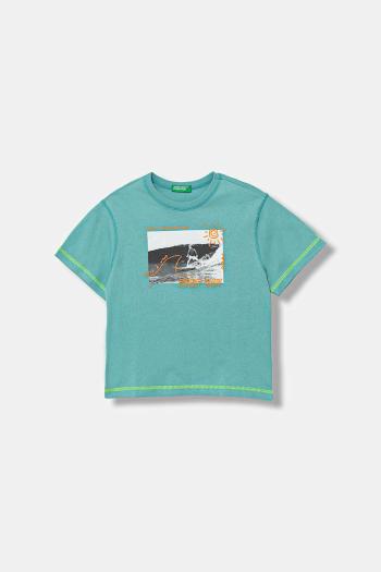 Detské bavlnené tričko United Colors of Benetton tyrkysová farba, s potlačou, 3I1XG10JG