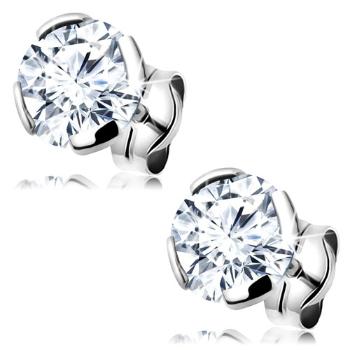 Náušnice z bieleho 14K zlata - číry okrúhly zirkón v kotlíku, 6 mm