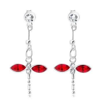 Náušnice zo striebra 925, visiaca vážka, číre a červené krištále Swarovski