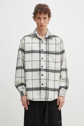 Košeľa s prímesou vlny MKI MIYUKI ZOKU Check Flannel Shirt pánska, béžová farba, voľný strih, s klasickým golierom, CHECK.FLANNEL.SHIRT.OFF