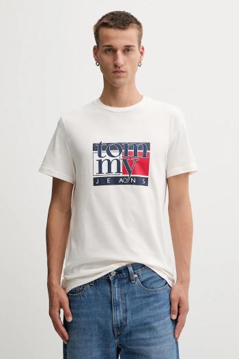 Bavlnené tričko Tommy Jeans pánske, béžová farba, vzorované, DM0DM21977