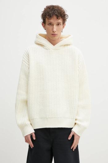 Sveter s prímesou vlny MKI MIYUKI ZOKU Chunky Rib Knit Hoody pánsky, béžová farba, CHUNKY.RIB.KNIT.HOODY.O
