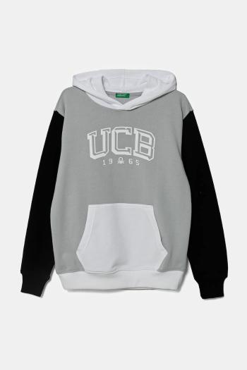 Detská bavlnená mikina United Colors of Benetton šedá farba, s kapucňou, s potlačou, 3UNIC204R