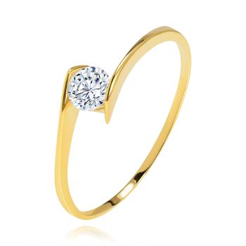 Prsteň zo žltého 14K zlata - okrúhly číry zirkón uchytený medzi koncami ramien - Veľkosť: 56 mm