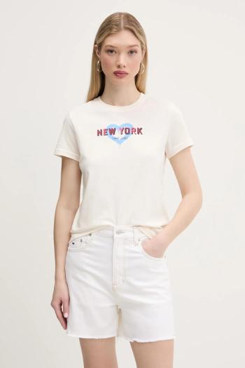 Bavlnené tričko Tommy Jeans dámske, béžová farba, DW0DW21769