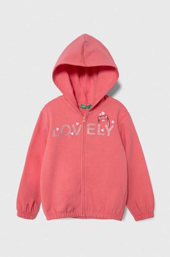 Detská mikina United Colors of Benetton ružová farba, s kapucňou, s potlačou