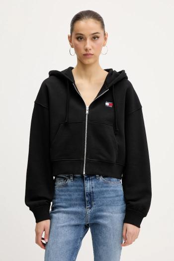 Bavlnená mikina Tommy Jeans čierna farba, s kapucňou, s nášivkou, DW0DW21355