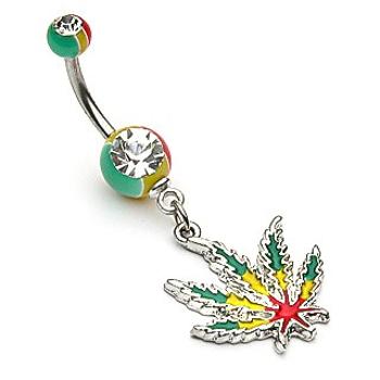 Oceľový piercing do pupka - list konope v rasta farbách, zirkóny