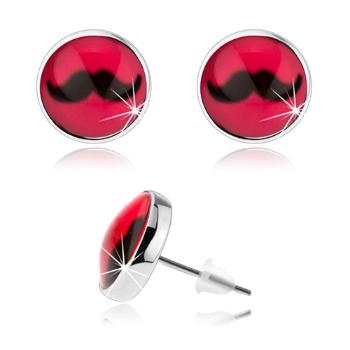 Cabochon náušnice, vypuklá glazúra, červené pozadie, čierne fúzy, puzetky