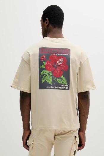 Bavlnené tričko Alpha Industries Aloha Flower T BP pánske, béžová farba, s potlačou, 156523
