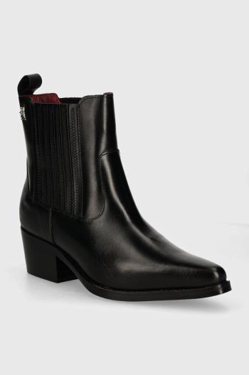 Kožené topánky chelsea Tommy Hilfiger TH LEATHER COWBOY BOOT dámske, čierna farba, na podpätku, FW0FW08033
