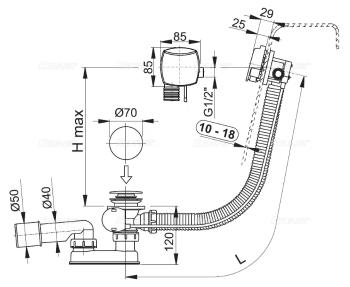 Alcadrain Sifón vaňový automat s napúšťaním prepadom pre hrubostenné vane, kov A565KM1-120 A565KM1-120