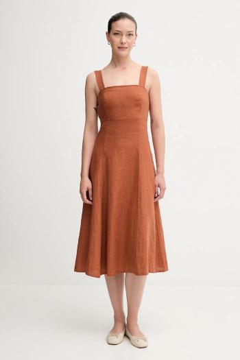 Ľanové šaty United Colors of Benetton oranžová farba, midi, áčkový strih, 4AGHDV0AG