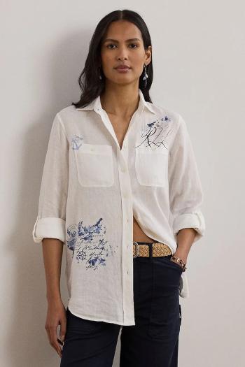 Ľanová košeľa Lauren Ralph Lauren biela farba, voľný strih, s klasickým golierom, 200970750