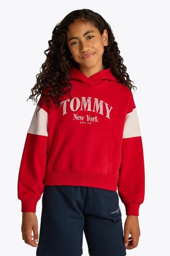 Detská bavlnená mikina Tommy Hilfiger červená farba, s kapucňou, s potlačou, KG0KG08520