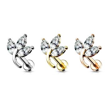 Oceľový piercing do tragusu - kvetinové lístky s čírymi zirkónmi, 8 mm, zapínanie na vnútorný závit - Farba: Zlatá