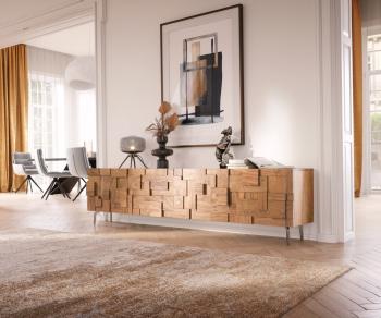 TV stolík Puzzle 220 cm prírodná akácia 4 dvierka šikmá podstava