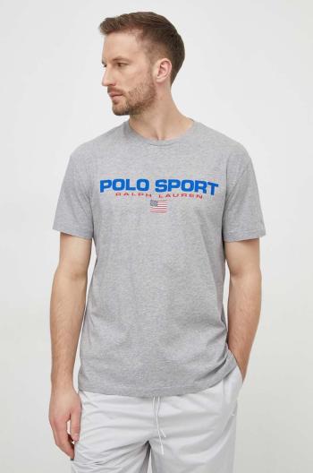 Bavlnené tričko Polo Ralph Lauren pánske, šedá farba, s potlačou, 710750444