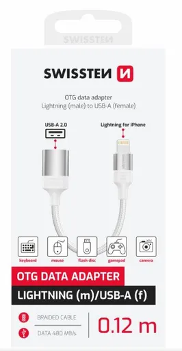 SWISSTEN OTG ADAPTÉR TEXTILE LIGHTNING (samec) / USB-A (samica) 0,12 M BIELÝ
