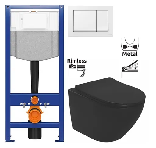 CERSANIT predstenový inštalačný systém s bielym tlačidlom K97-516 + WC REA CARLO MINI RIMLESS ČIERNY MAT + SEDADLO K97-526 516 MM1