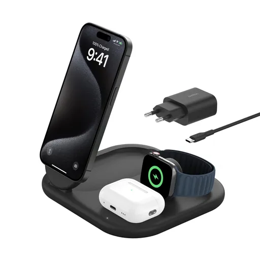 Belkin BOOST CHARGE ™ Qi2 15W 3v1 Magnetický nabíjací stojan, skladacia, čierna