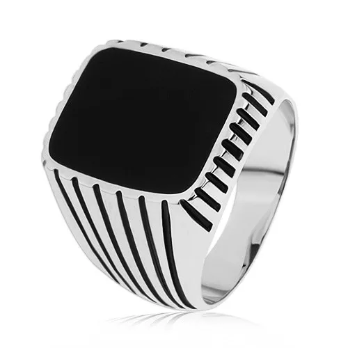 Prsteň zo striebra 925, čierne pásiky na ramenách, obdĺžnik s čiernou glazúrou - Veľkosť: 57 mm