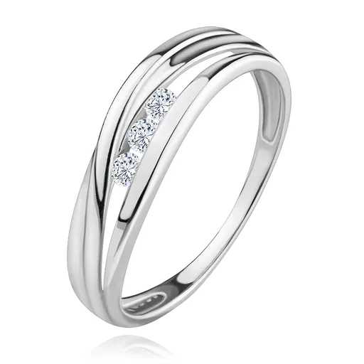 Briliantový prsteň z bieleho 14K zlata, zvlnené línie ramien, tri číre diamanty - Veľkosť: 52 mm