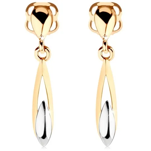 Náušnice zo 14K zlata - dvojfarebná podlhovastá slza s výrezom