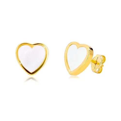 Náušnice zo žltého 14K zlata - kontúra symetrického srdca s prírodnou perleťou
