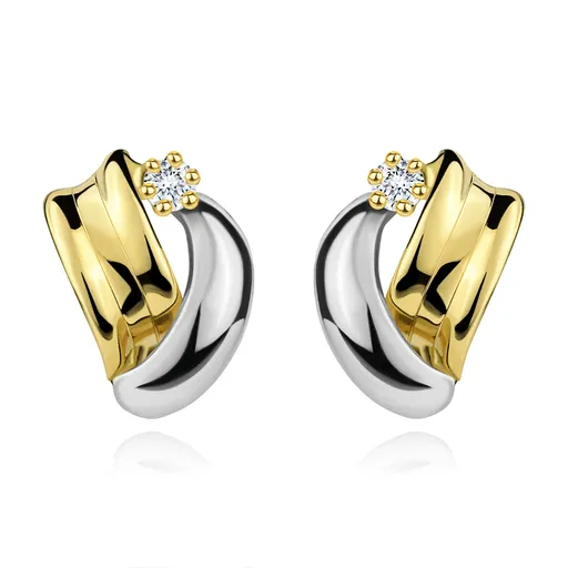 Náušnice v 14K zlate - lesklé dvojfarebné oblúky, číry okrúhly zirkónik
