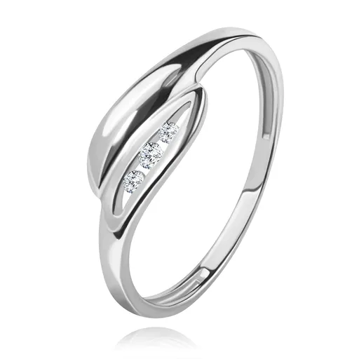 Briliantový prsteň v bielom 14K zlate - mierne zahnuté lístočky, tri číre diamanty - Veľkosť: 49 mm