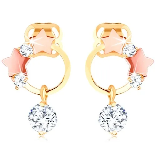 Zlaté náušnice 585 - tenká obruč, hviezdičky z ružového zlata, číre zirkóny