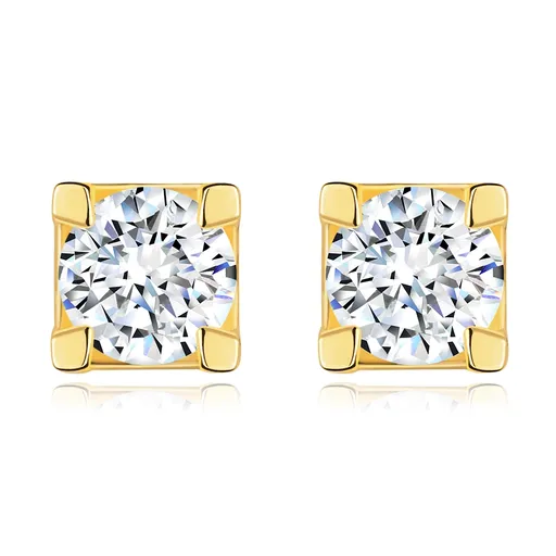 Náušnice zo žltého 9K zlata - okrúhly zirkón v hranatej objímke